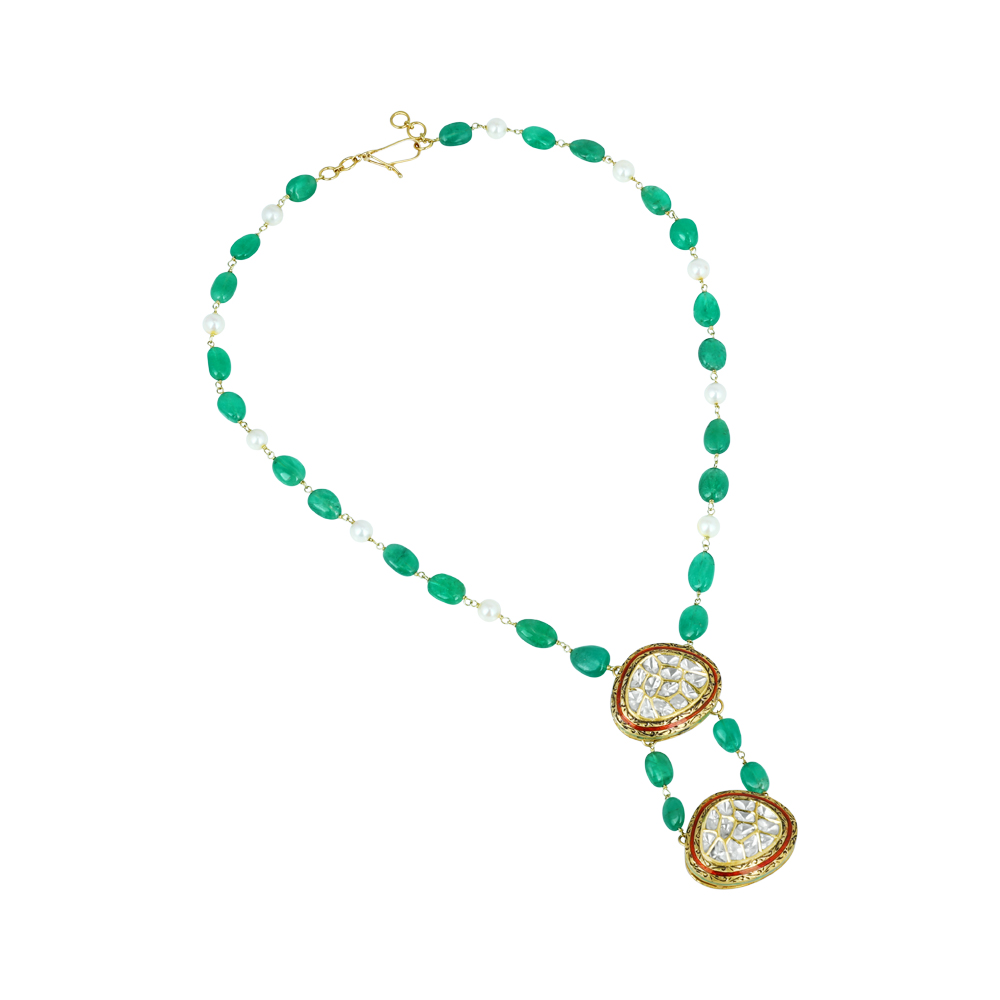 Emerald and Pearl Necklace with Dual Polki Pendants